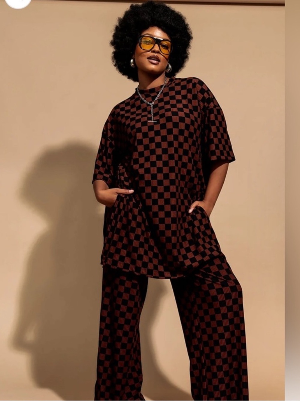 Dressed In LALA Lex Ribbed Playsuit - Brown/Black Checkerboard Size 3XL - Picture 2 of 16